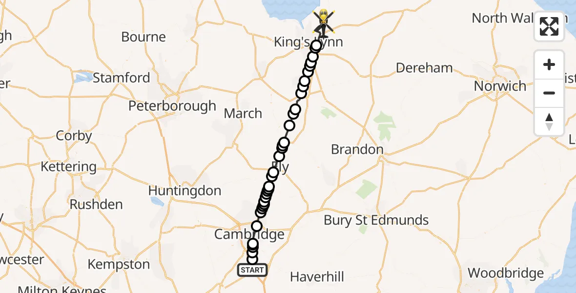 Flight route Police Helicopter Whittlesford - Castle Rising, 02 August 2026, 09:34