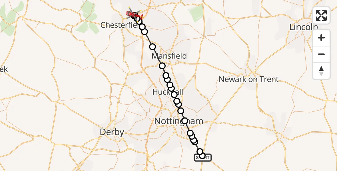 Flight route Air Ambulance Helicopter Hickling - Staveley, 02 August 2026, 09:36
