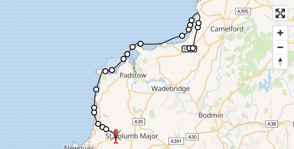 Flight route Air Ambulance Helicopter St. Kew - Cornwall Airport Newquay, 02 August 2026, 09:37