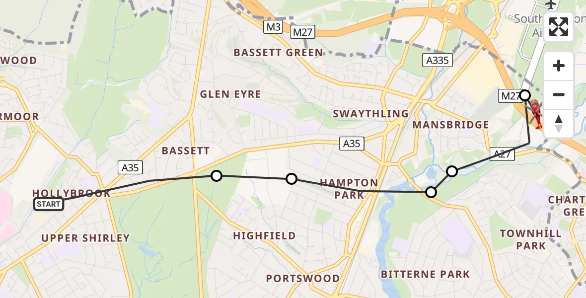 Flight route Air Ambulance Helicopter Hollybrook - Mansbridge, 02 August 2026, 09:38
