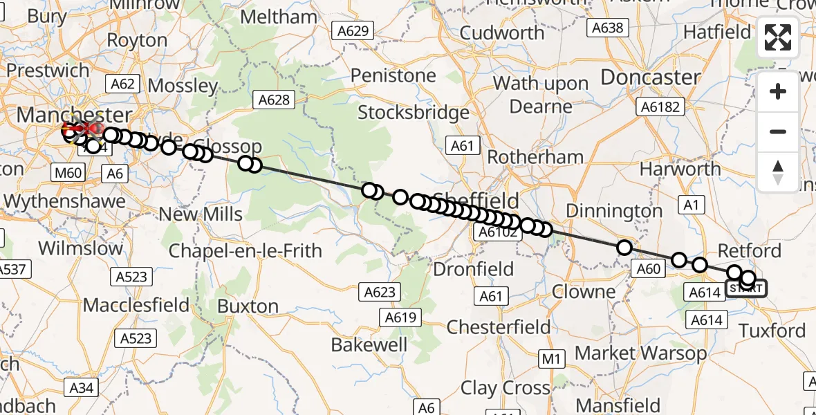 Flight route Air Ambulance Helicopter Retford Gamston Airport - Chorlton-on-Medlock, 02 August 2026, 09:39