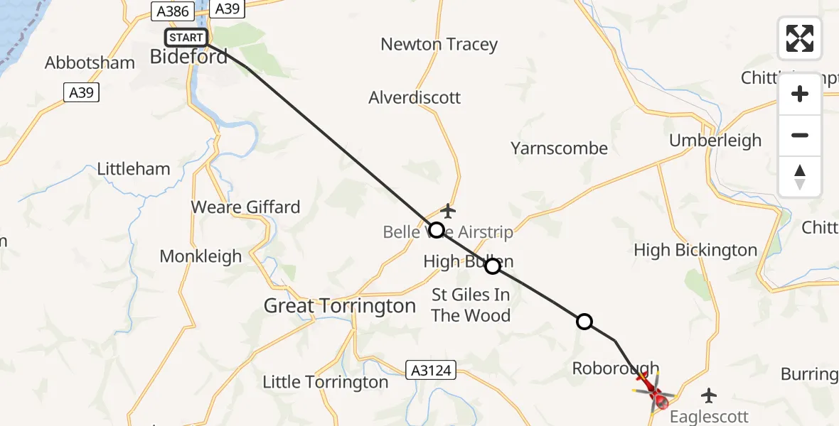 Flight route Air Ambulance Helicopter Bideford - Roborough, 02 August 2026, 09:53