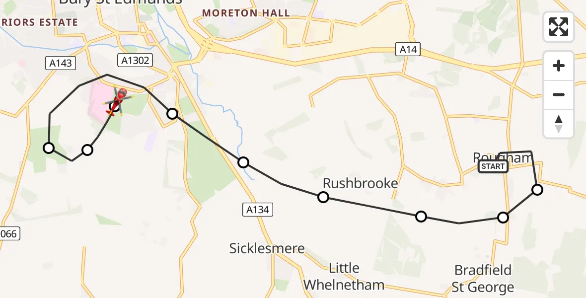 Flight route Air Ambulance Helicopter Rougham - West Suffolk Hospital, 02 August 2026, 09:57