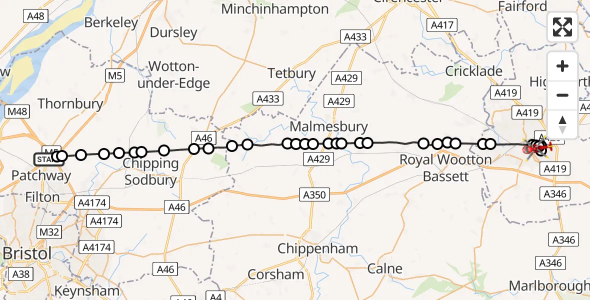 Flight route Air Ambulance Helicopter Almondsbury Helicopter Base - Swindon, 02 August 2026, 09:59