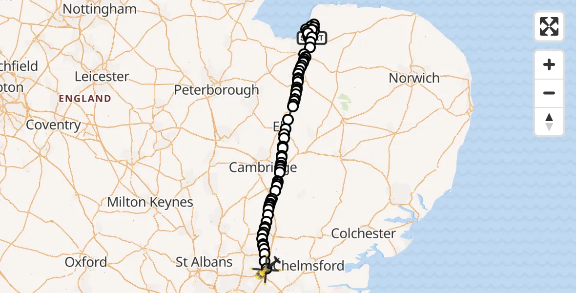 Flight route Police Helicopter Sandringham - North Weald Airfield, 02 August 2026, 09:59