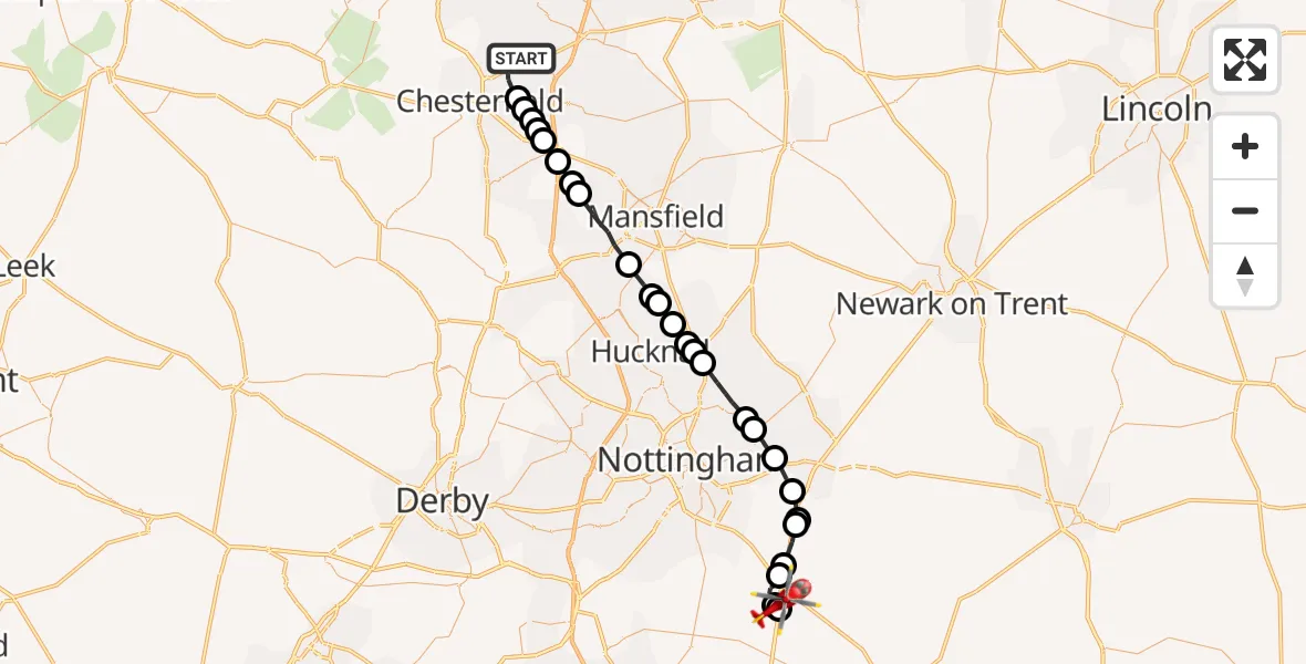 Flight route Air Ambulance Helicopter Chesterfield - Nottingham Heliport, 02 August 2026, 10:15