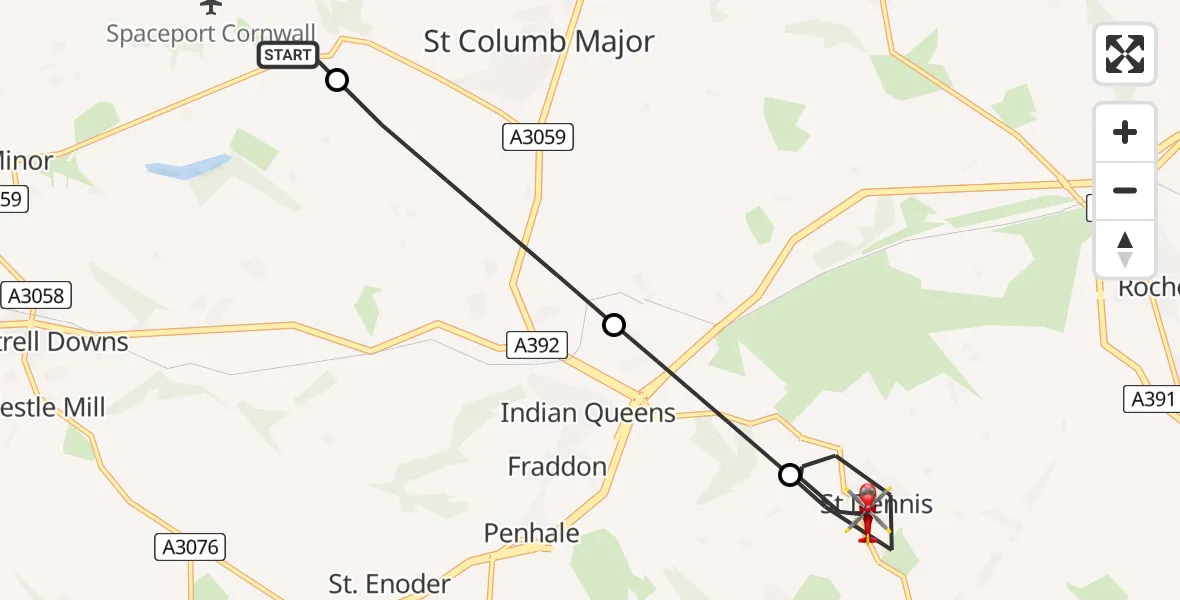 Flight route Air Ambulance Helicopter Cornwall Airport Newquay - St Dennis, 02 August 2026, 10:17