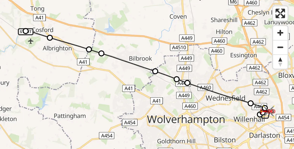 Flight route Air Ambulance Helicopter RAF Cosford - Darlaston, 02 August 2026, 10:23