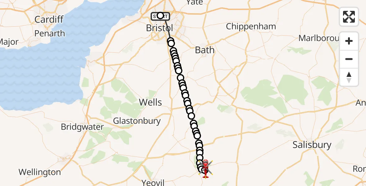 Flight route Air Ambulance Helicopter Southmead Hospital - Henstridge Airfield, 02 August 2026, 10:26