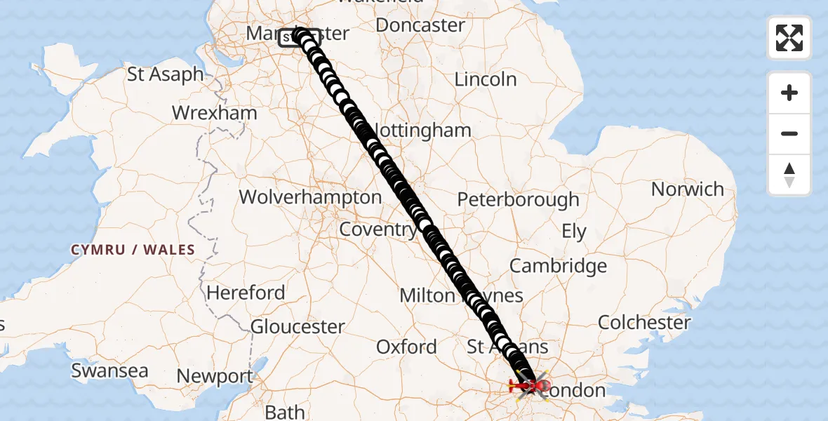 Flight route Air Ambulance Helicopter Chorlton-on-Medlock - City of Westminster, 02 August 2026, 10:32