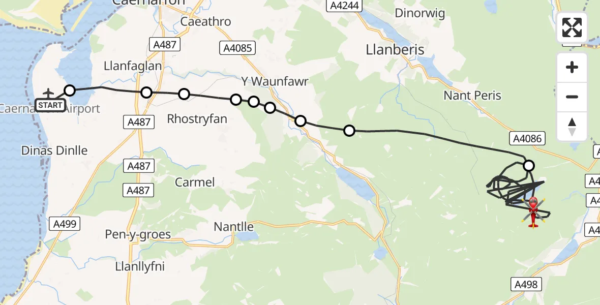 Flight route Air Ambulance Helicopter Caernarfon Airport - Beddgelert, 02 August 2026, 10:32