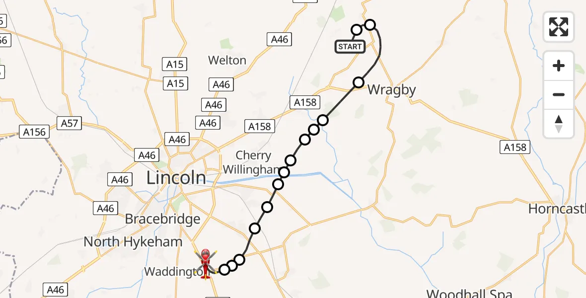 Flight route Air Ambulance Helicopter Wickenby Aerodrome - North Kesteven, 02 August 2026, 10:33