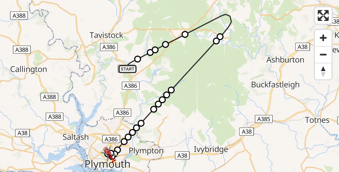 Flight route Air Ambulance Helicopter Horrabridge - Mutley, 02 August 2026, 10:41