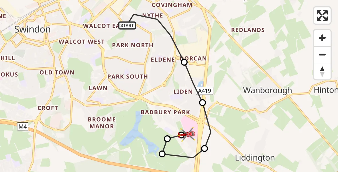 Flight route Air Ambulance Helicopter Swindon - Great Western Hospital, 02 August 2026, 10:55