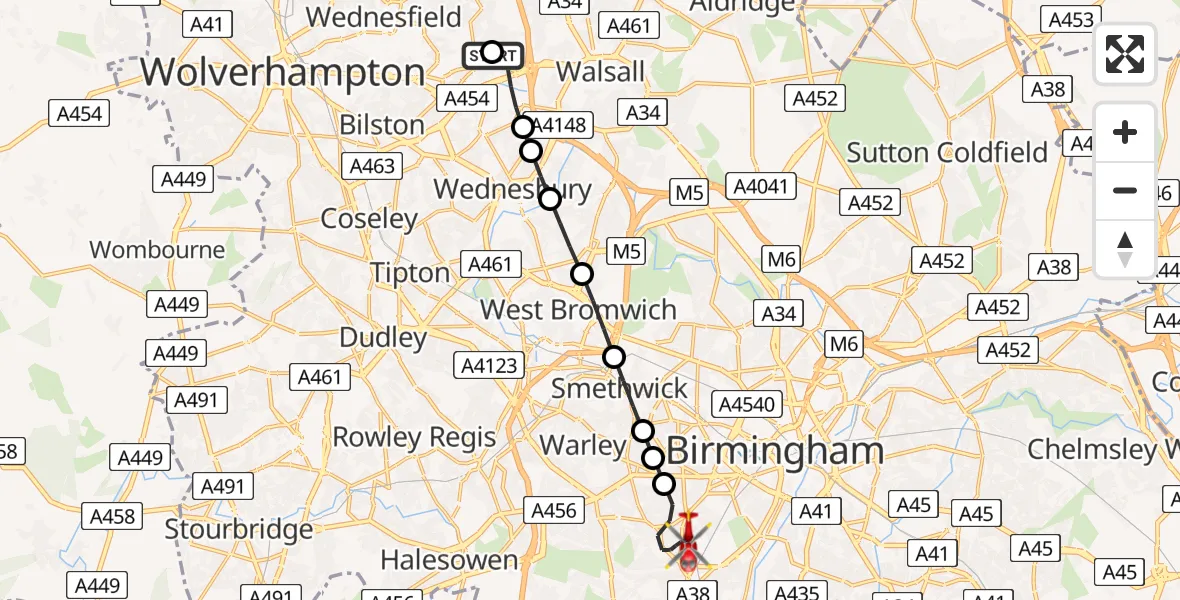 Flight route Air Ambulance Helicopter Darlaston - Metchley, 02 August 2026, 11:04