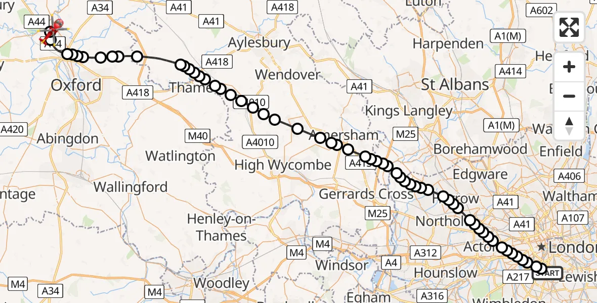 Flight route Air Ambulance Helicopter Brixton - London Oxford Airport, 02 August 2026, 11:07
