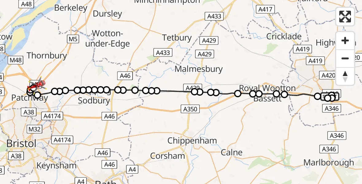 Flight route Air Ambulance Helicopter Great Western Hospital - Almondsbury Helicopter Base, 02 August 2026, 11:17