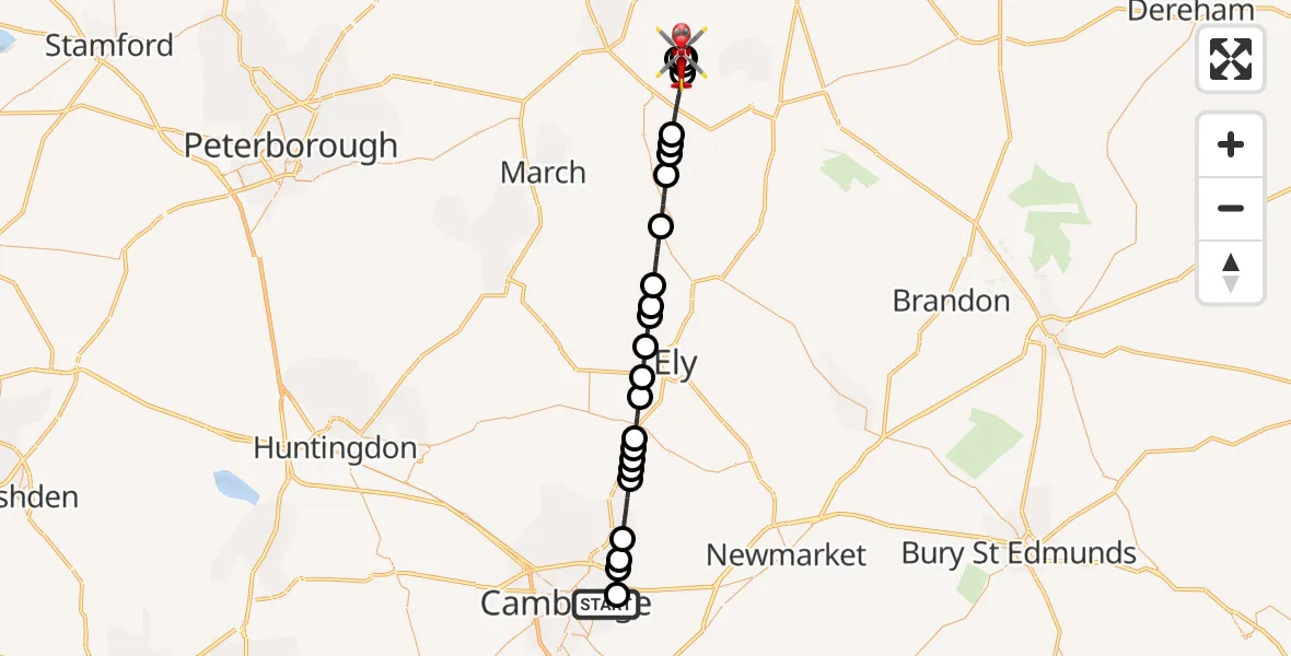 Flight route Air Ambulance Helicopter Cambridge City Airport - Marshland St James, 02 August 2026, 11:28