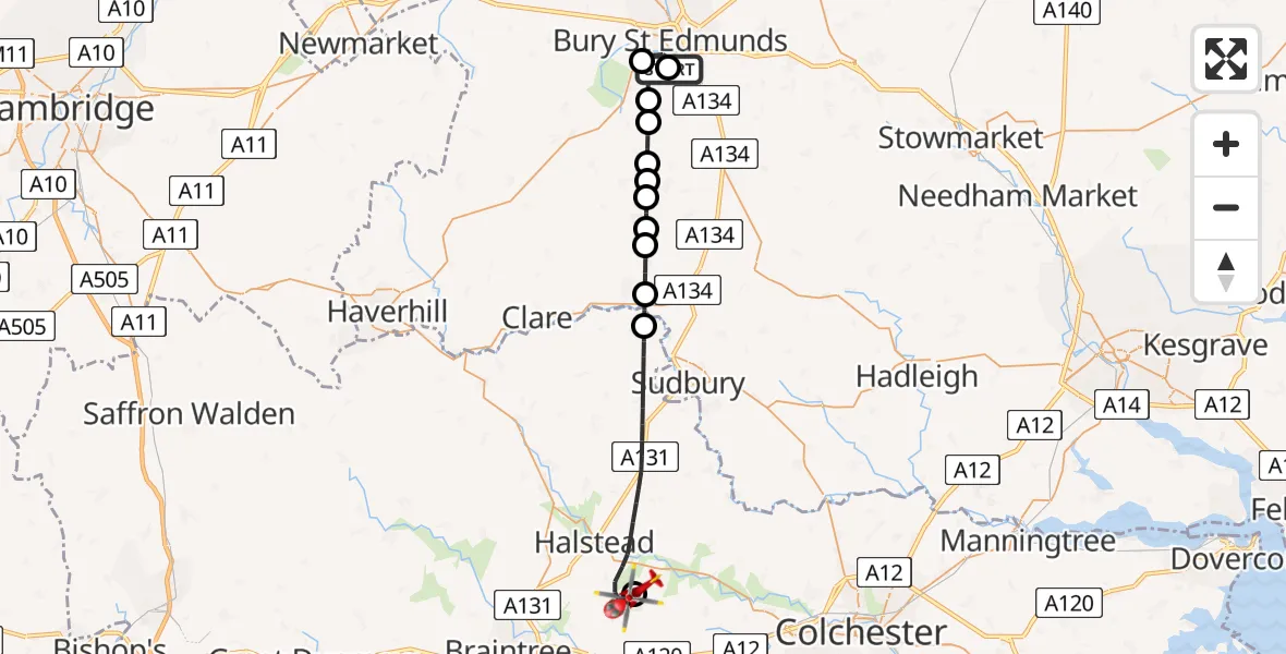 Flight route Air Ambulance Helicopter West Suffolk Hospital - Earls Colne Airfield, 02 August 2026, 11:28