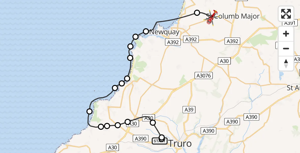 Flight route Air Ambulance Helicopter Treliske Hospital - Cornwall Airport Newquay, 02 August 2026, 11:28