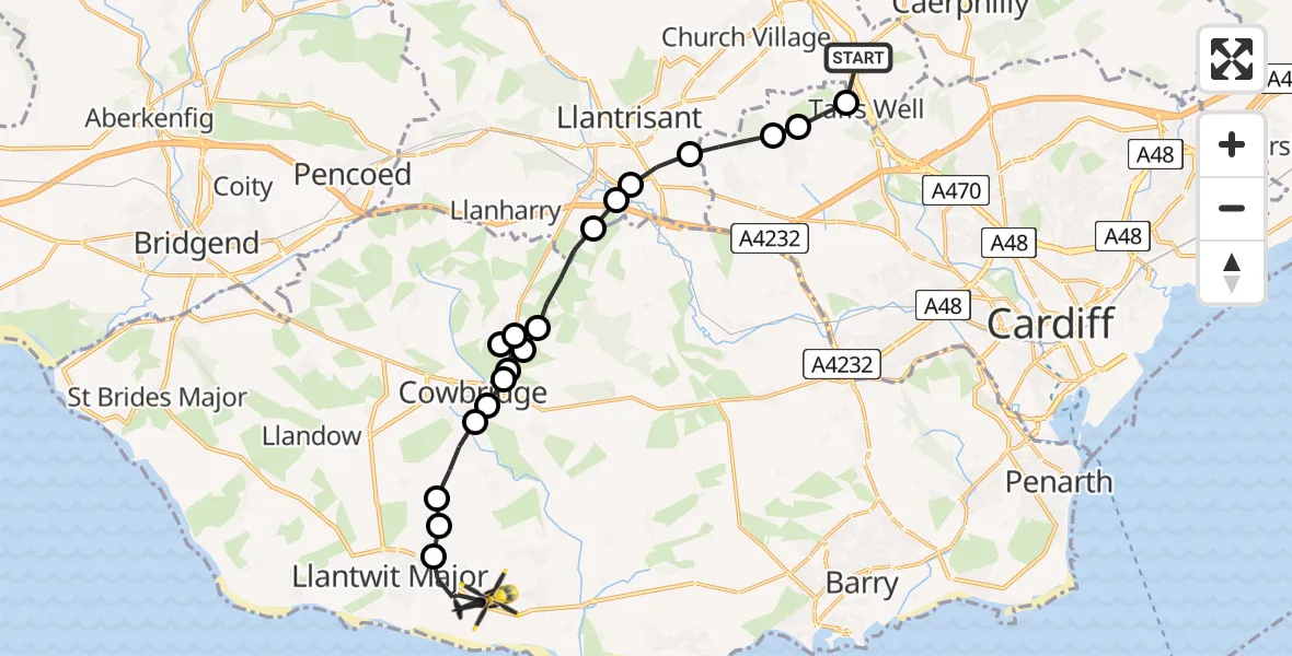 Flight route Police Helicopter Nantgarw - MOD St Athan, 02 August 2026, 11:33
