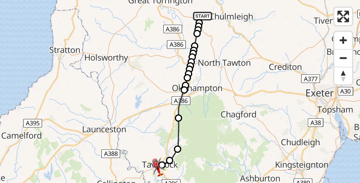 Flight route Air Ambulance Helicopter Riddlecombe - Tavistock, 02 August 2026, 11:43