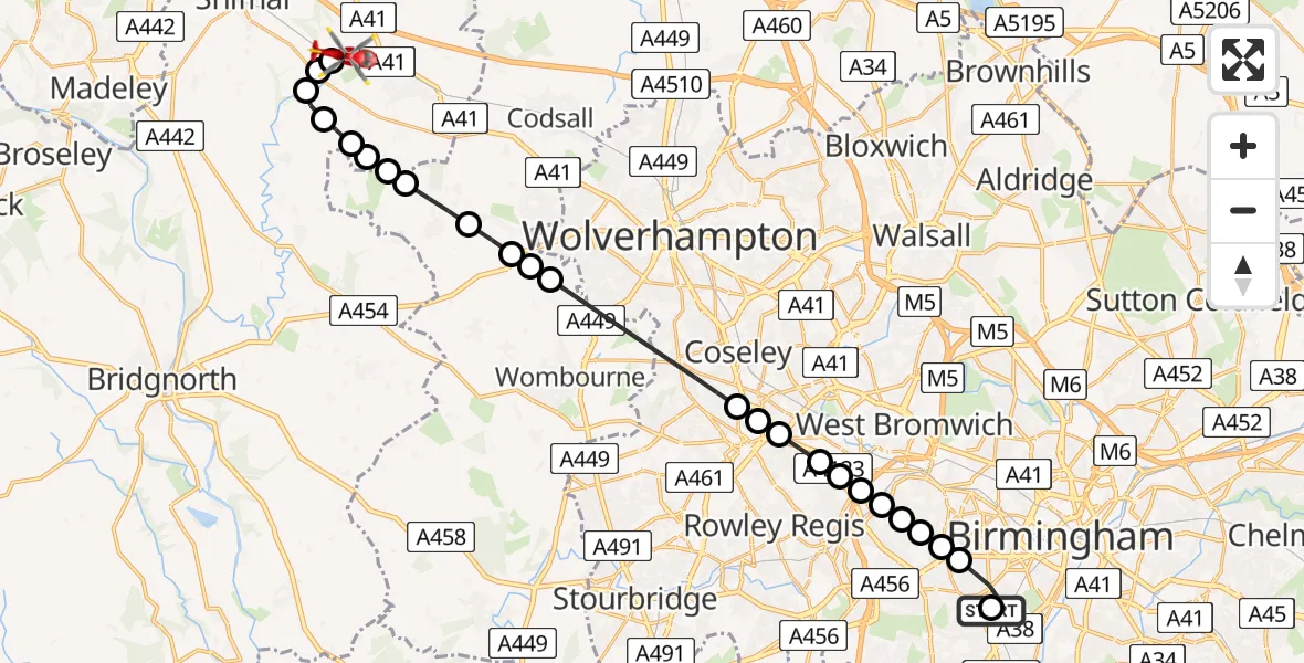 Flight route Air Ambulance Helicopter Queen Elizabeth Hospital Helipad - Cosford, 02 August 2026, 11:58