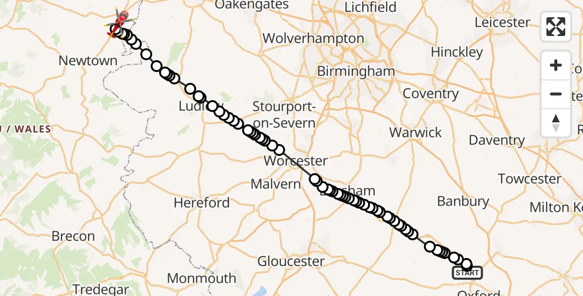 Flight route Air Ambulance Helicopter London Oxford Airport - Welshpool Airport, 02 August 2026, 12:03