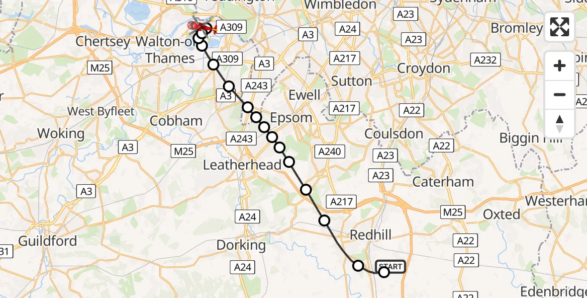 Flight route Air Ambulance Helicopter Redhill Aerodrome - Molesey, 02 August 2026, 12:05
