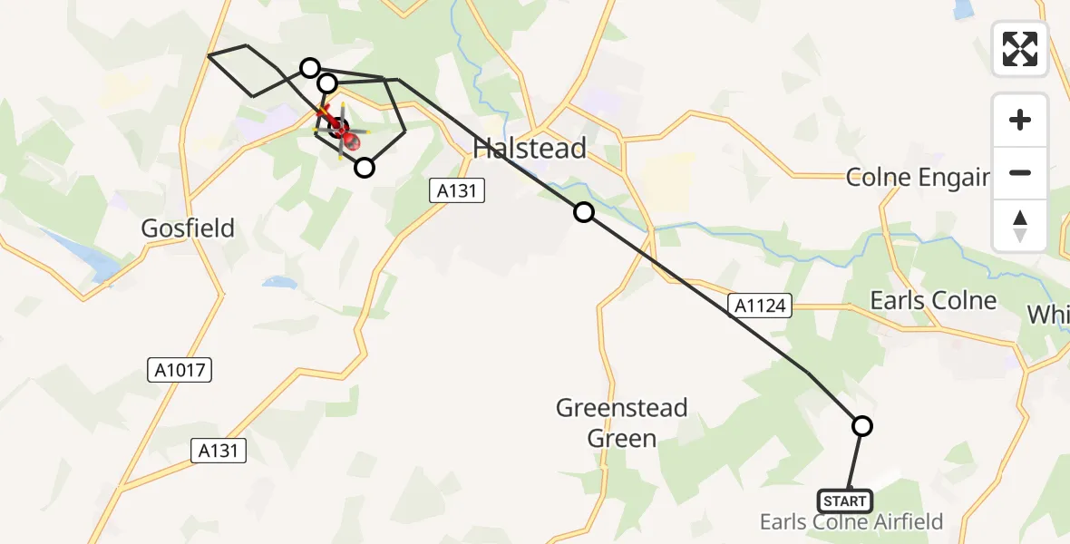 Flight route Air Ambulance Helicopter Earls Colne Airfield - Braintree, 02 August 2026, 12:09