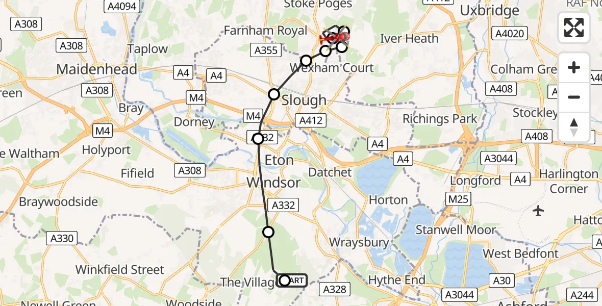 Flight route Air Ambulance Helicopter Old Windsor - Slough, 02 August 2026, 12:17