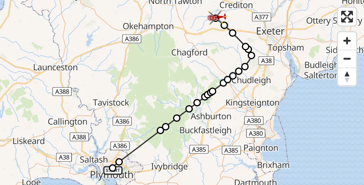 Flight route Air Ambulance Helicopter Mutley - Yeoford, 02 August 2026, 12:19