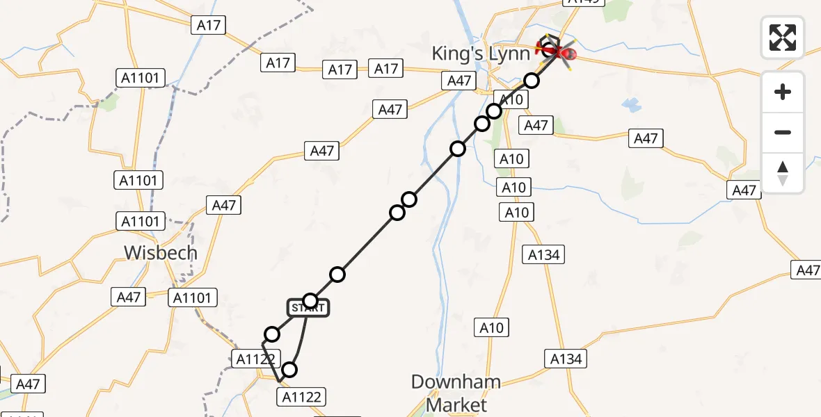 Flight route Air Ambulance Helicopter King's Lynn and West Norfolk - King's Lynn and West Norfolk, 02 August 2026, 12:37