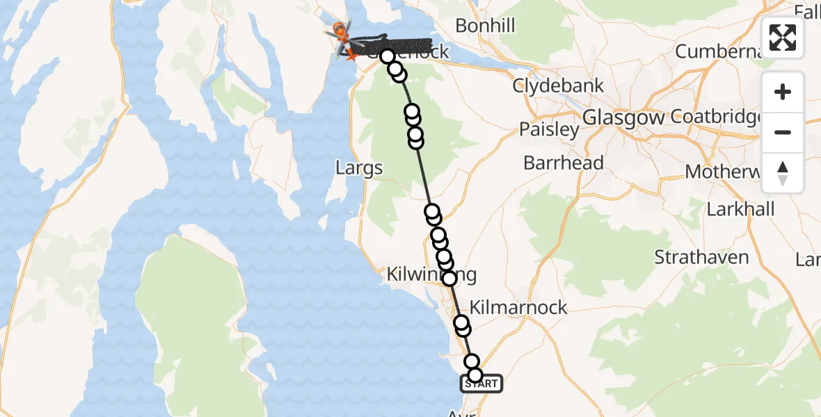 Flight route Coastguard Helicopter Glasgow Prestwick Airport - Inner Seas, 02 August 2026, 12:39