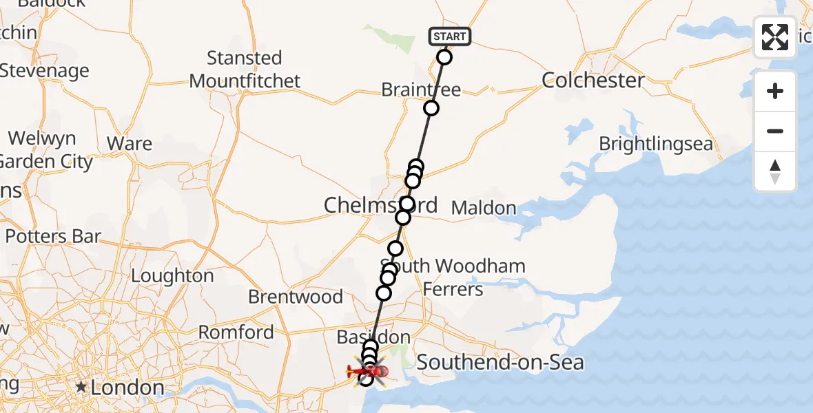 Flight route Air Ambulance Helicopter Braintree - Stanford-le-Hope, 02 August 2026, 12:44