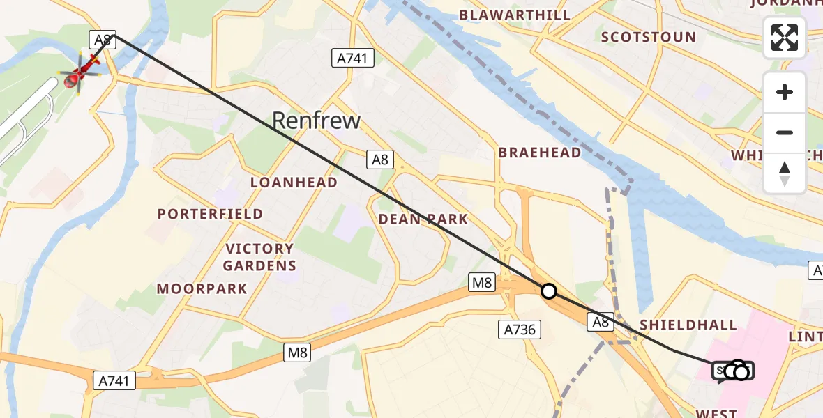 Flight route Air Ambulance Helicopter Queen Elizabeth Hospital - Renfrew, 02 August 2026, 12:46