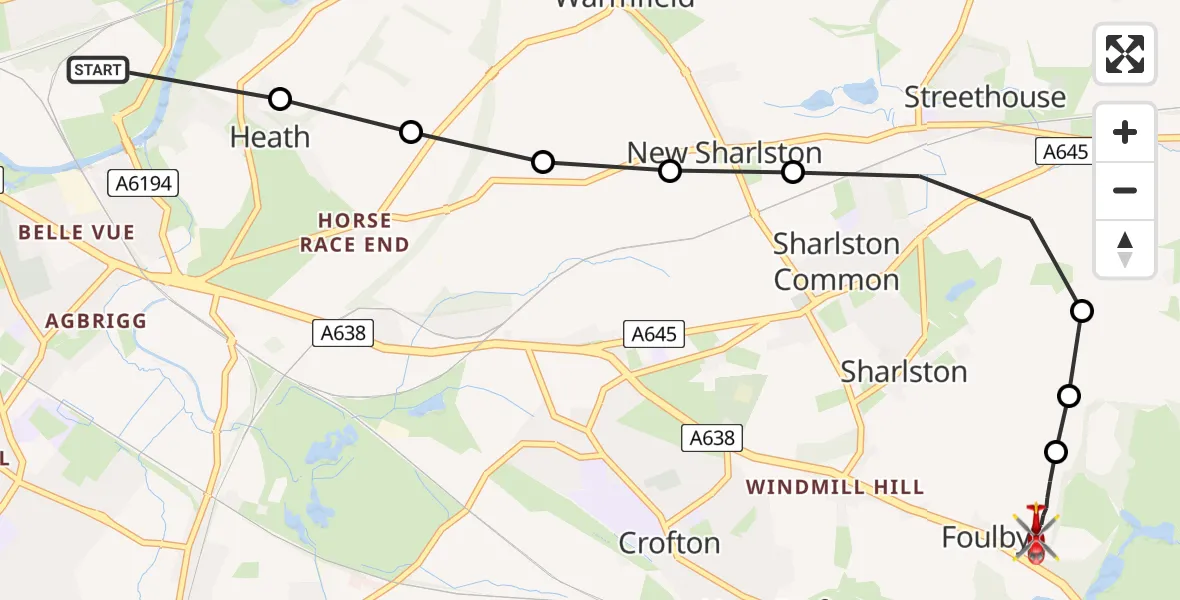 Flight route Air Ambulance Helicopter Heath - YAA Nostell Helicopter Port, 02 August 2026, 12:51