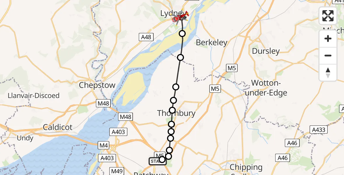 Flight route Air Ambulance Helicopter Almondsbury Helicopter Base - Lydney, 02 August 2026, 12:55