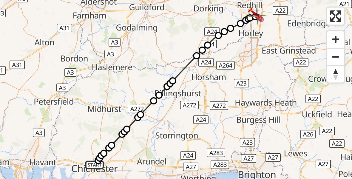 Flight route Air Ambulance Helicopter Chichester - Redhill Aerodrome, 02 August 2026, 13:04