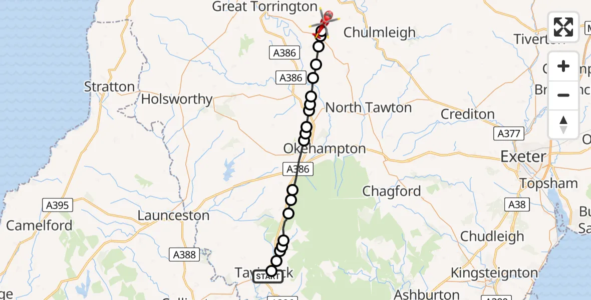 Flight route Air Ambulance Helicopter Tavistock - Roborough, 02 August 2026, 13:05