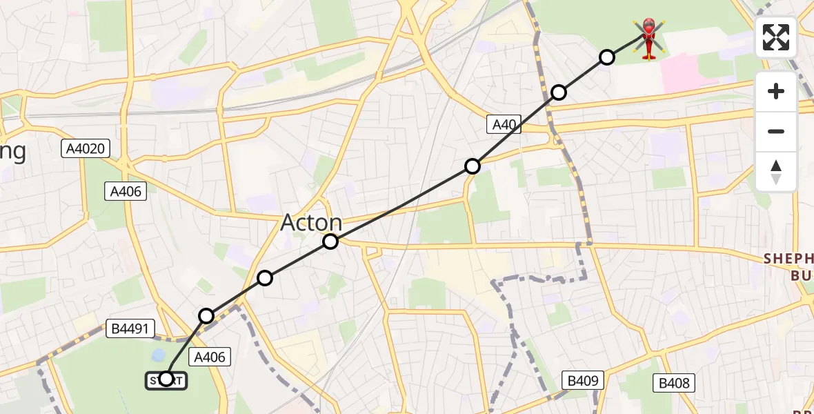 Flight route Air Ambulance Helicopter Hounslow - North Pole Train Maintenance Centre, 02 August 2026, 13:13