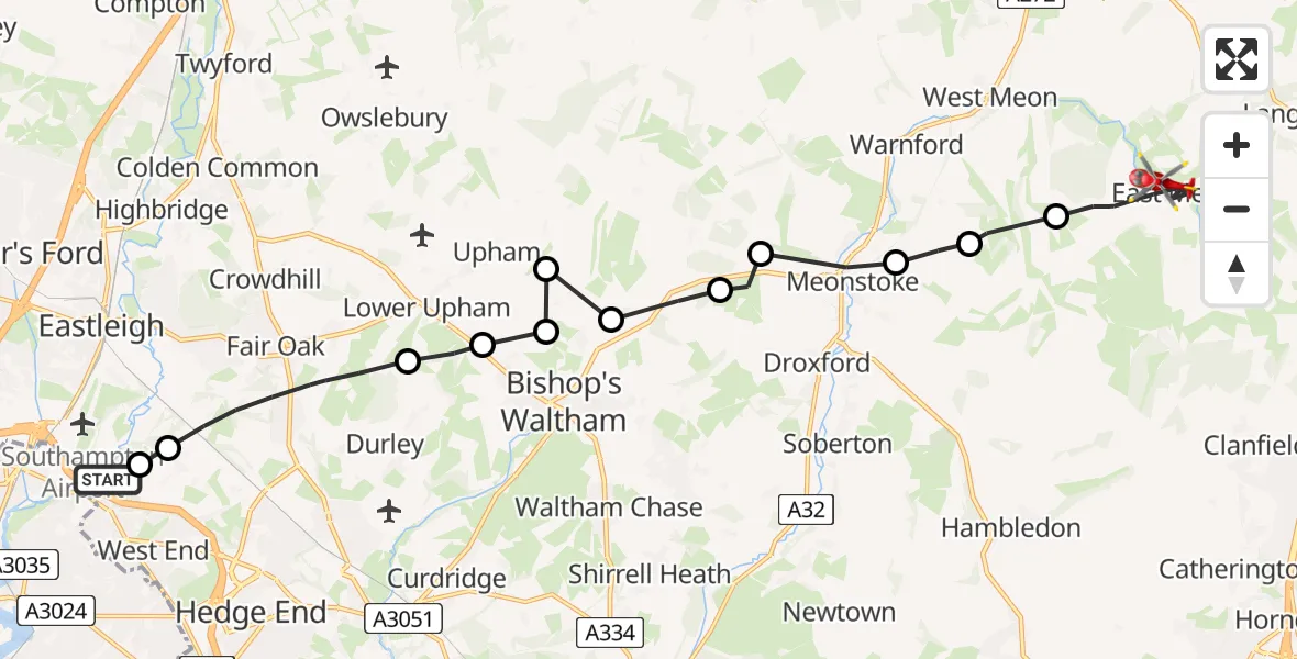 Flight route Air Ambulance Helicopter Hedge End - East Meon, 02 August 2026, 13:15