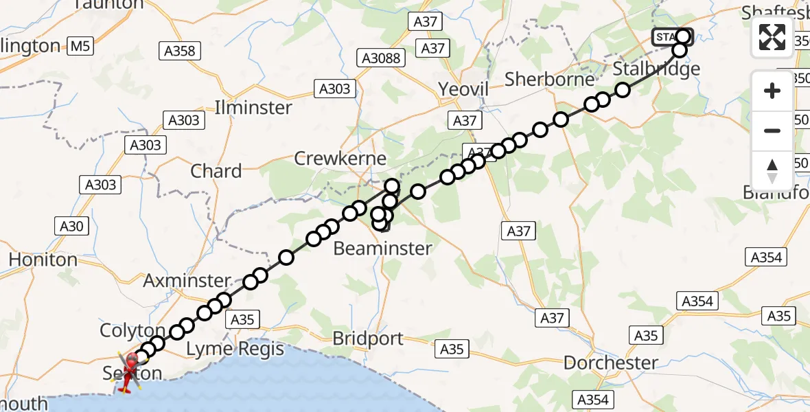 Flight route Air Ambulance Helicopter Henstridge Airfield - Seaton, 02 August 2026, 13:16