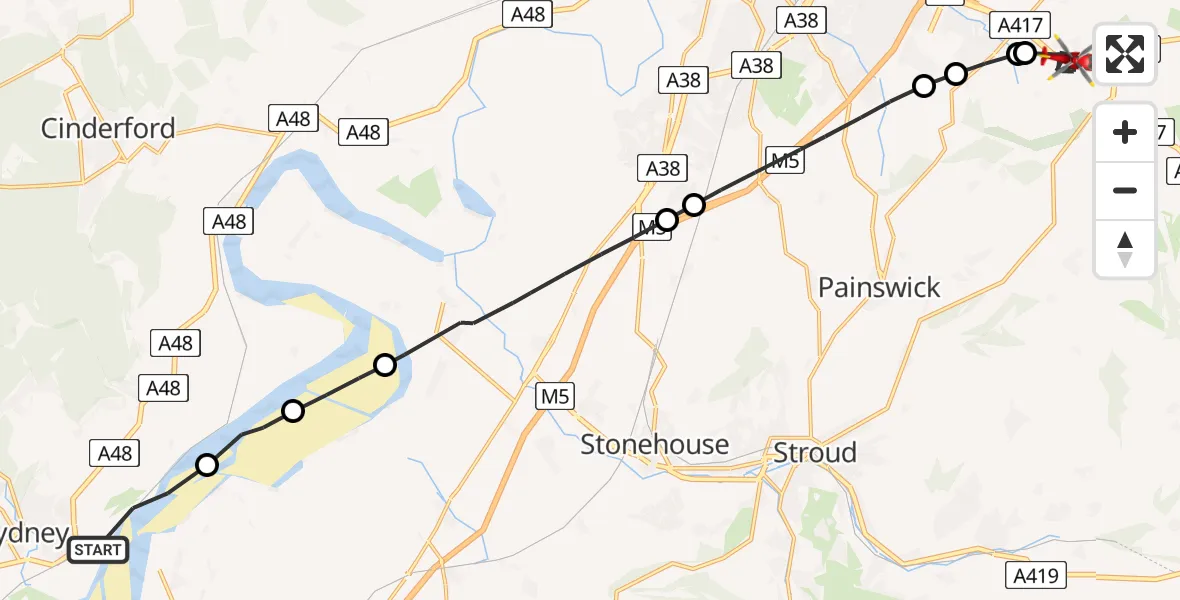 Flight route Air Ambulance Helicopter Lydney - Tewkesbury, 02 August 2026, 13:24