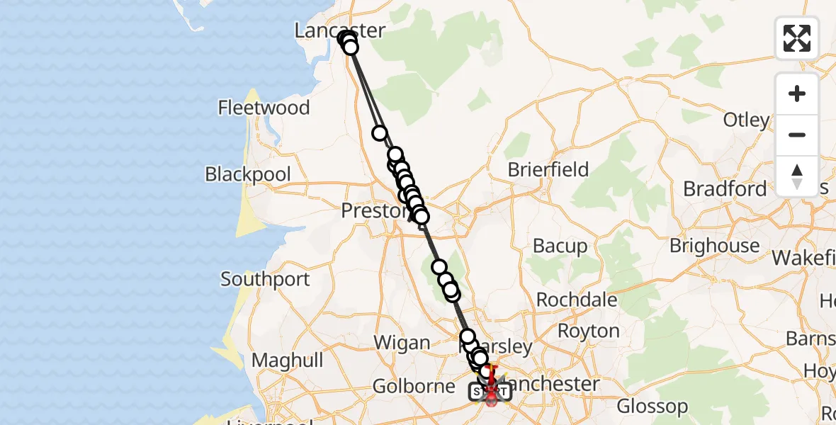 Flight route Air Ambulance Helicopter Manchester Barton Aerodrome - Worsley, 02 August 2026, 13:27