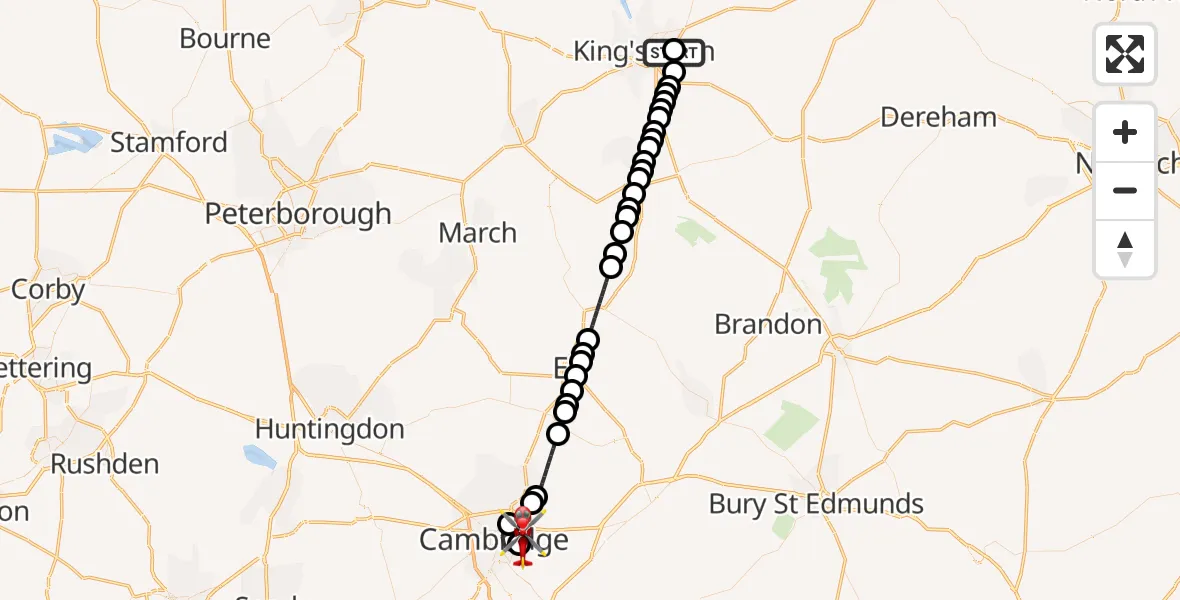 Flight route Air Ambulance Helicopter Queen Elizabeth Hospital - Cambridge City Airport, 02 August 2026, 13:28