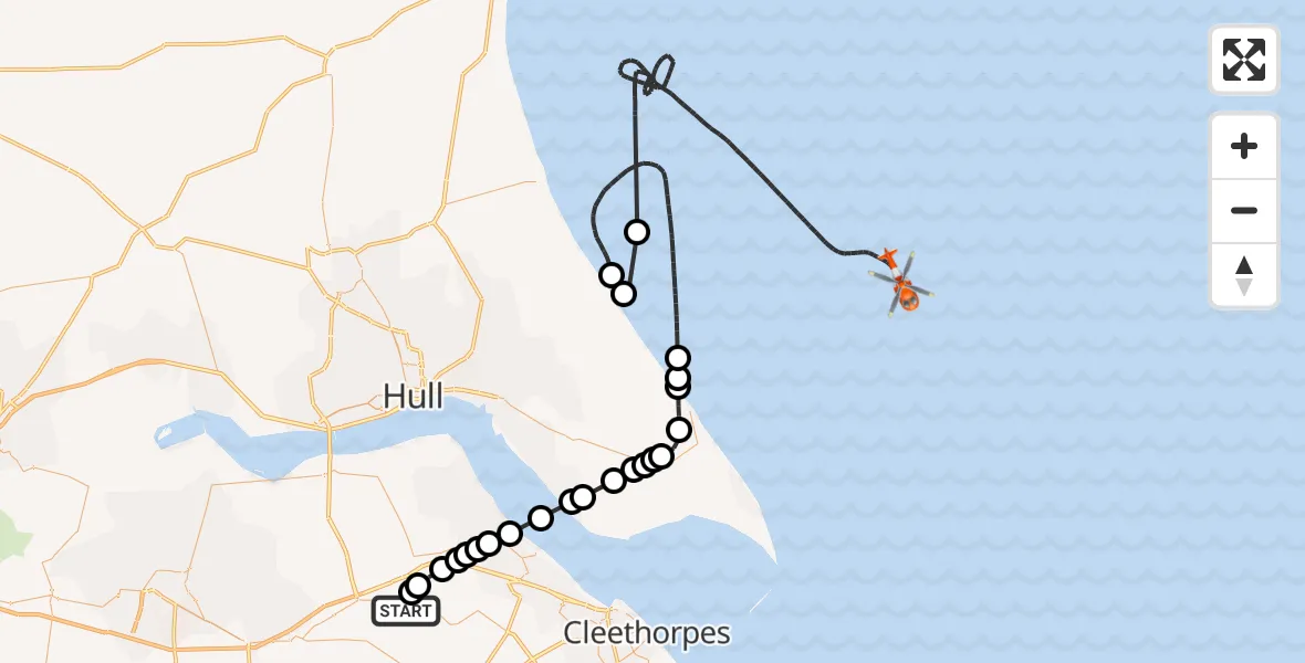 Flight route Coastguard Helicopter Humberside Airport - North Sea, 02 August 2026, 13:36