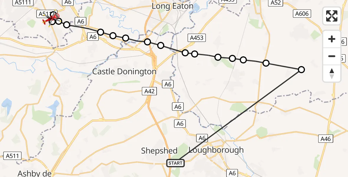 Flight route Air Ambulance Helicopter Nanpantan - Allenton, 02 August 2026, 13:39