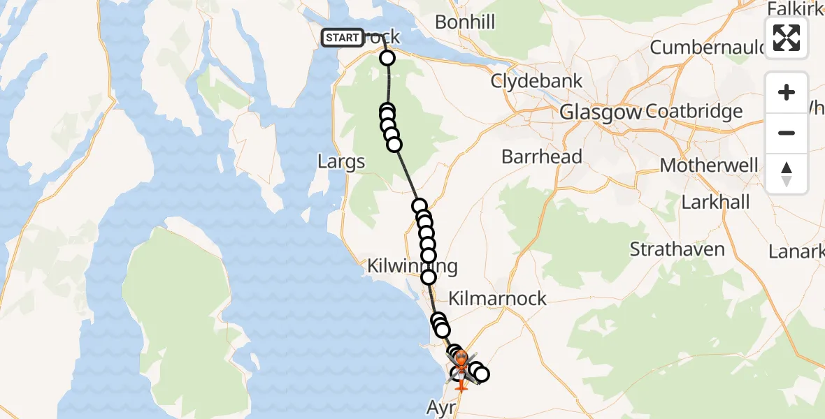 Flight route Coastguard Helicopter Inner Seas - Glasgow Prestwick Airport, 02 August 2026, 13:40