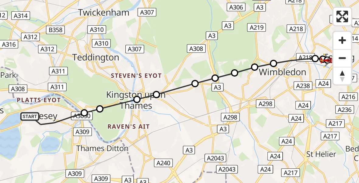 Flight route Air Ambulance Helicopter Molesey - St Georges Hospital, 02 August 2026, 13:40